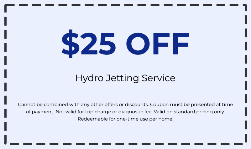  off Hydro Jetting Service coupon for plumbing services, featuring terms and conditions for redemption.