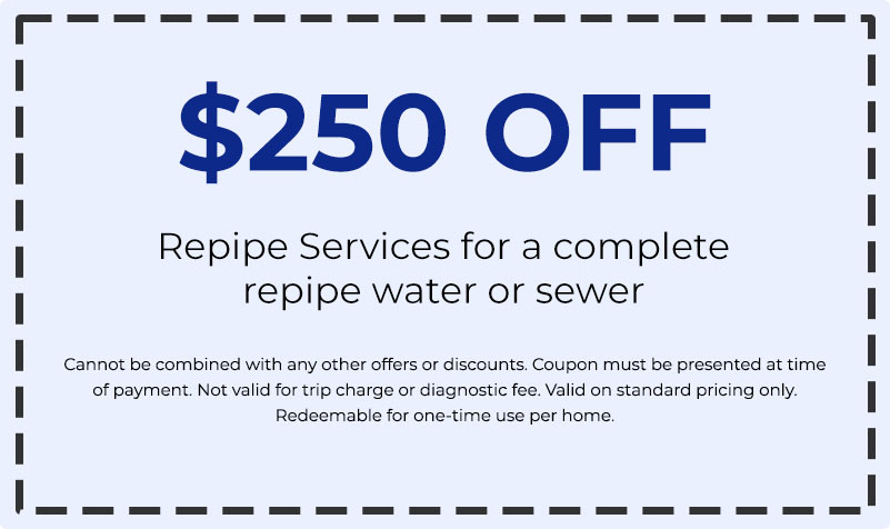 0 off repipe services for complete water or sewer repiping, promotional coupon from Patriot Plumbing Service.