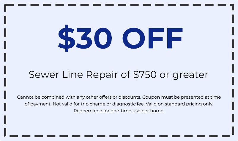  off coupon for sewer line repair services of 0 or greater, featuring terms and conditions for redemption.