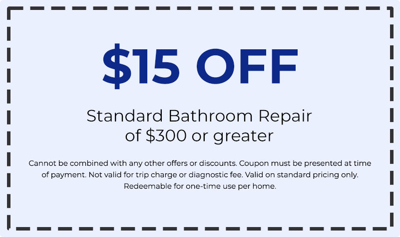  off standard bathroom repair coupon for services of 0 or greater, featuring terms and conditions for Patriot Plumbing Service discounts.