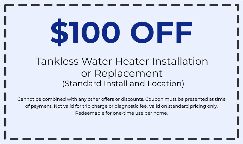 0 off tankless water heater installation or replacement coupon for Patriot Plumbing Service, highlighting plumbing discounts and special offers.